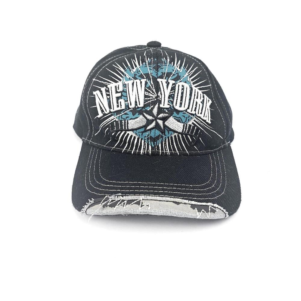 New York Embroidered Black Baseball Hat with Blue Accent